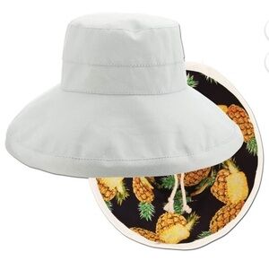 PANAMA JACK Sun Hat Bucket REVERSIBLE Pineapple Print WHITE Drawstring Cotton